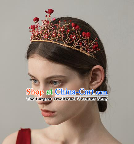 Top Grade Handmade Red Flowers Royal Crown Hair Accessories for Women