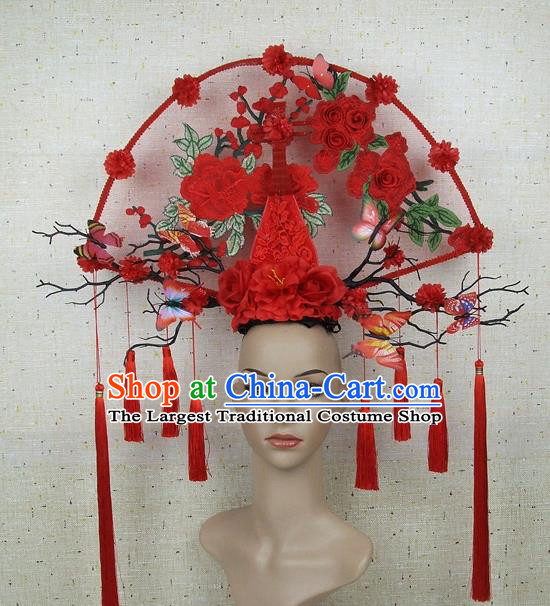 Top Grade Chinese Handmade Lace Headdress Traditional Red Roses Lute Hair Accessories for Women
