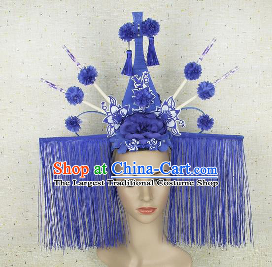 Top Grade Chinese Handmade Blue Lute Tassel Headdress Traditional Hair Accessories for Women