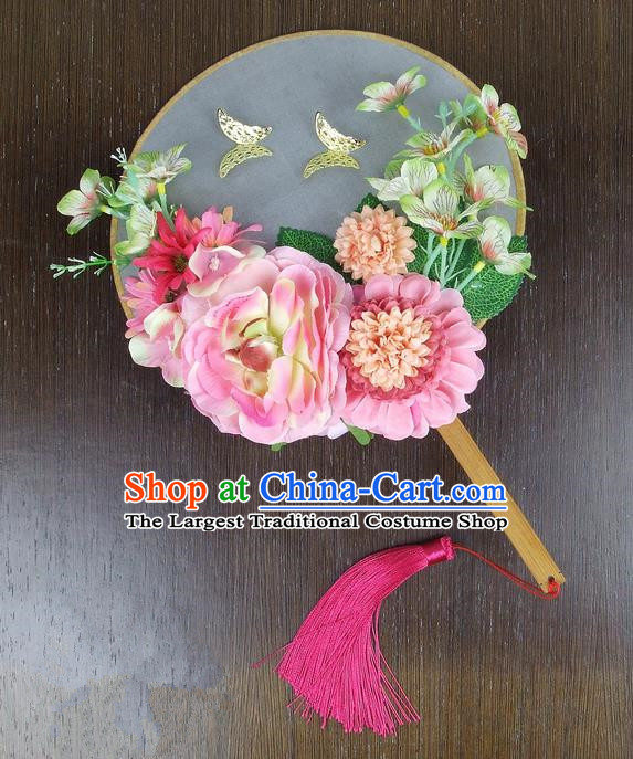 Chinese Traditional Wedding Pink Peony Round Fans Ancient Bride Handmade Palace Fans for Women