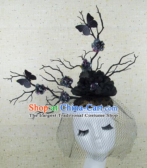 Chinese Traditional Handmade Hair Accessories Halloween Black Peony Butterfly Headwear for Women
