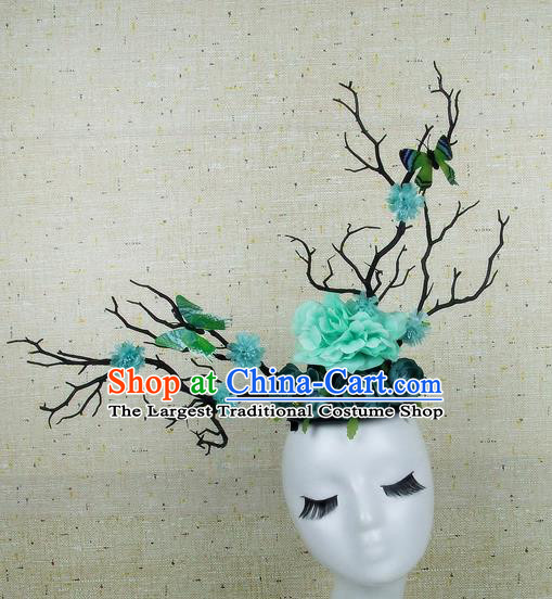 Chinese Traditional Handmade Green Peony Butterfly Hair Accessories Halloween Cosplay Headwear for Women