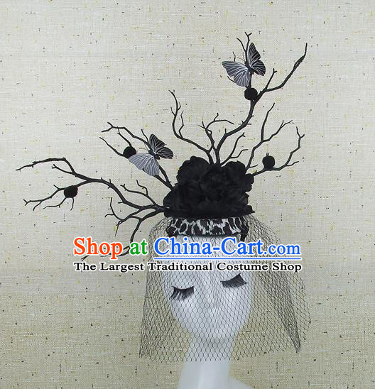 Top Grade Handmade Black Peony Butterfly Hair Accessories Halloween Cosplay Headwear for Women