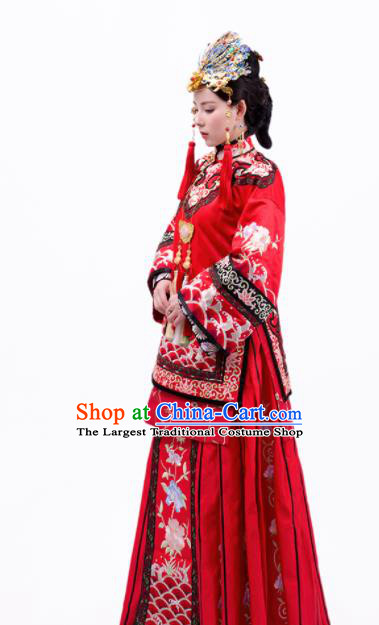 Asian Chinese Ancient Wedding Costumes Traditional Bride Xiuhe Suits Dresses and Headpiece Complete Set