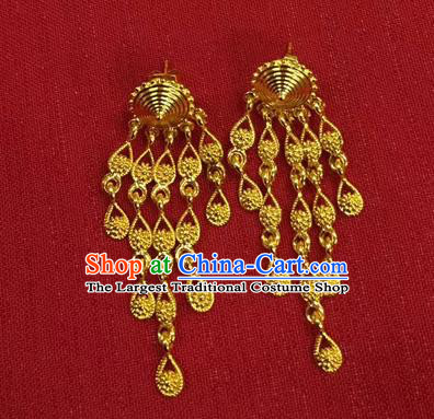 Chinese Ethnic Folk Dance Accessories Traditional Dai Nationality Golden Tassel Earrings for Women