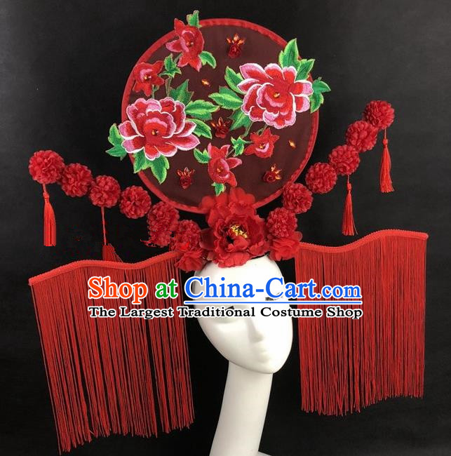 Chinese Traditional Palace Exaggerated Headdress Catwalks Red Tassel Peony Hair Accessories for Women
