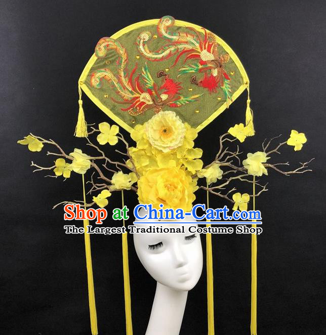 Chinese Traditional Palace Exaggerated Yellow Headdress Catwalks Embroidered Phoenix Hair Accessories for Women