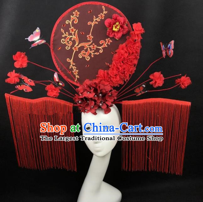 Chinese Traditional Palace Exaggerated Headdress Catwalks Red Butterfly Tassel Hair Accessories for Women