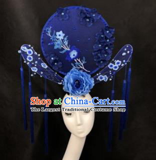 Chinese Traditional Palace Exaggerated Headdress Catwalks Blue Peony Embroidered Hair Accessories for Women
