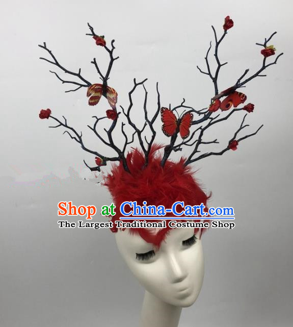 Top Grade Catwalks Hair Accessories Halloween Brazilian Carnival Red Feather Branch Headdress for Kids