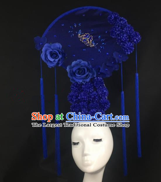 Chinese Traditional Exaggerated Headdress Palace Catwalks Blue Peony Hair Accessories for Women
