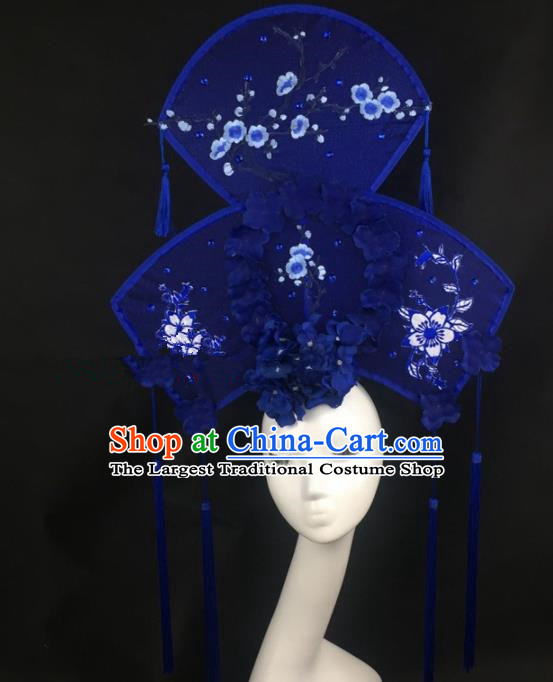 Chinese Traditional Exaggerated Headdress Palace Catwalks Blue Flowers Butterfly Hair Accessories for Women