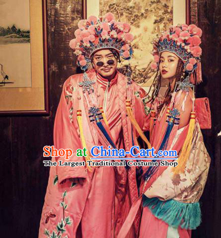 Asian Chinese Ancient Wedding Costumes Traditional Bride and Bridegroom Pink Clothing for Women for Men