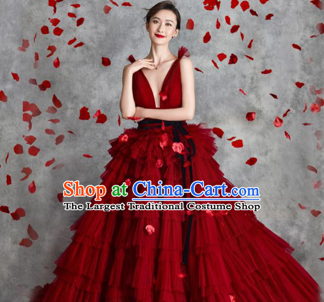 Top Grade Catwalks Costume Red Veil Bubble Dress for Women