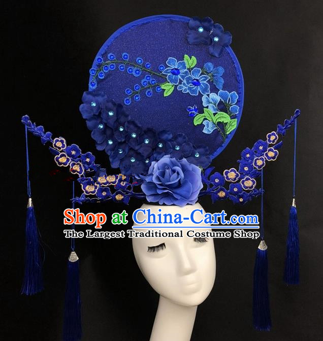Chinese Traditional Exaggerated Headdress Catwalks Embroidered Blue Flowers Hair Accessories for Women