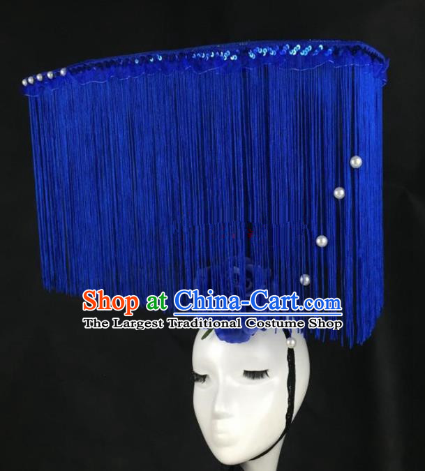 Top Grade Catwalks Hair Accessories Halloween Brazilian Carnival Blue Peony Tassel Headdress for Women