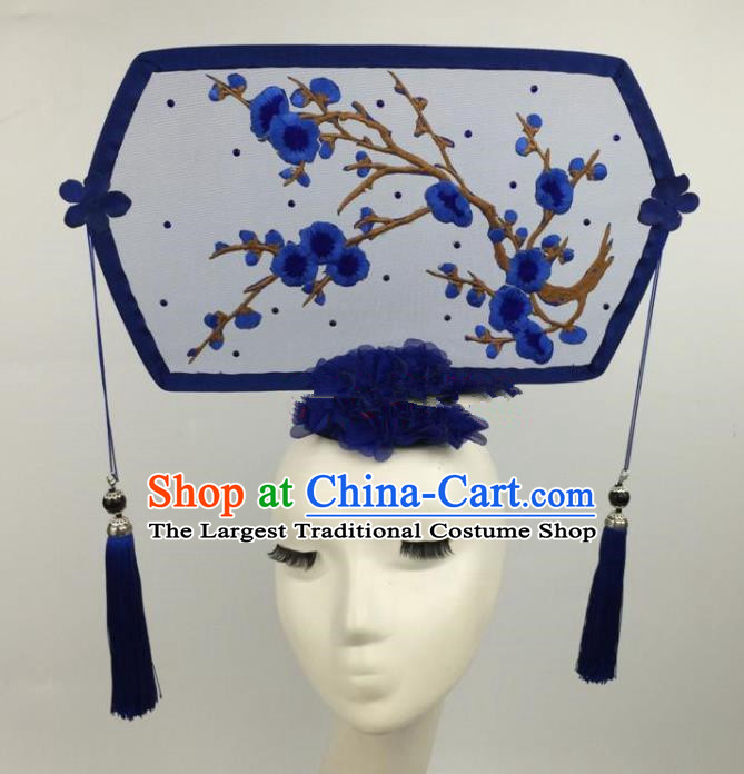 Chinese Traditional Exaggerated Palace Headdress Catwalks Embroidered Blue Wintersweet Hair Accessories for Women