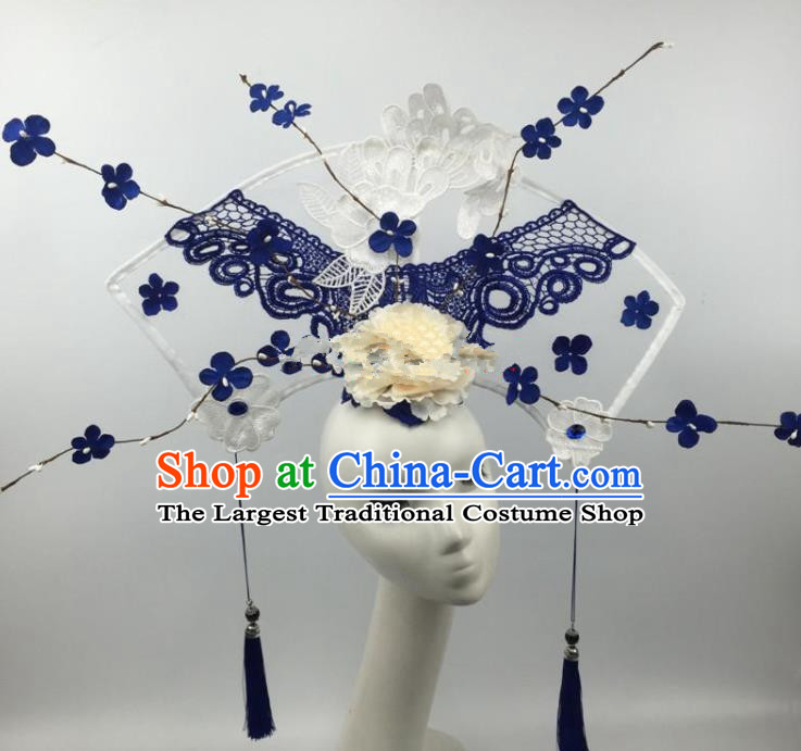 Chinese Traditional Exaggerated Palace Headdress Catwalks Blue Lace Flowers Hair Accessories for Women