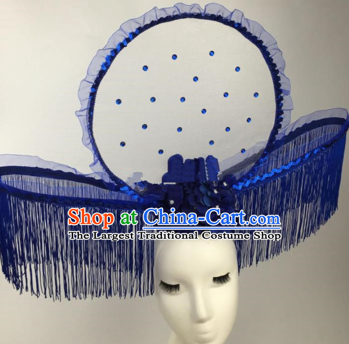 Chinese Traditional Catwalks Blue Flowers Tassel Headdress Palace Exaggerated Hair Accessories for Women