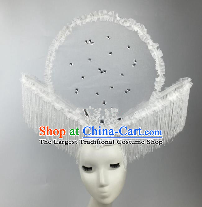 Chinese Traditional Catwalks White Flowers Tassel Headdress Palace Exaggerated Hair Accessories for Women