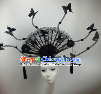 Chinese Traditional Catwalks Black Lace Butterfly Headdress Palace Exaggerated Hair Accessories for Women