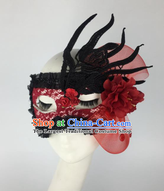 Halloween Exaggerated Accessories Catwalks Red Lace Peony Masks for Women