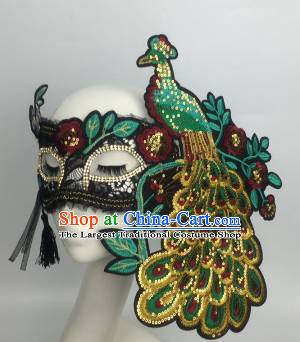 Halloween Exaggerated Accessories Catwalks Green Embroidered Peacock Masks for Women