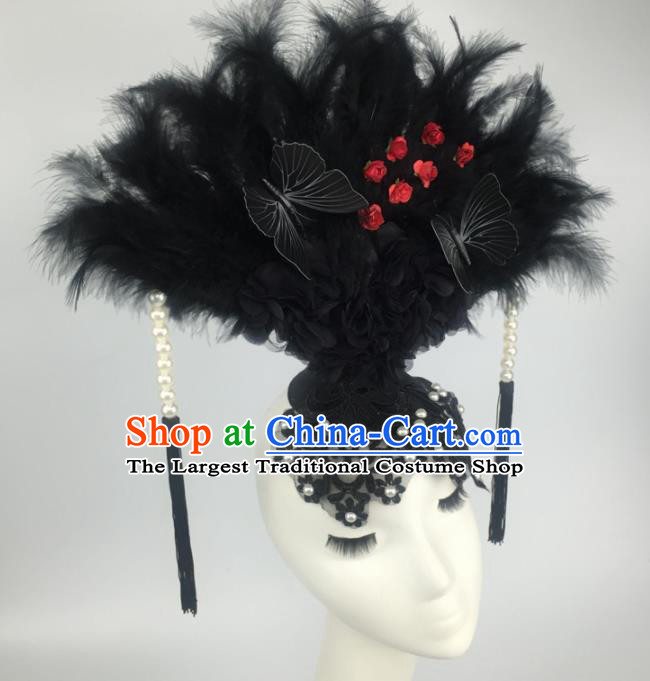 Top Grade Halloween Catwalks Hair Accessories Brazilian Carnival Black Feather Lace Headdress for Women