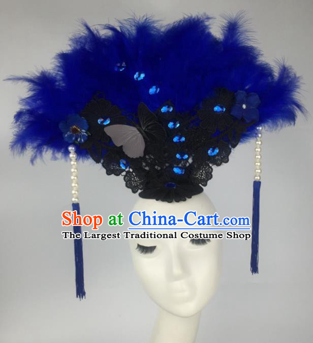 Top Grade Halloween Catwalks Hair Accessories Brazilian Carnival Blue Feather Lace Headdress for Women