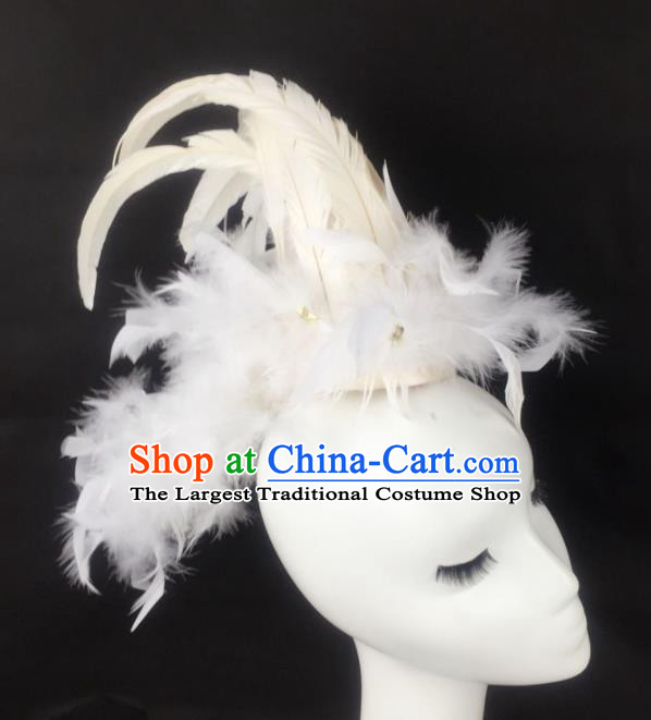 Top Grade Halloween Catwalks Hair Accessories Brazilian Carnival White Feather Headdress for Women
