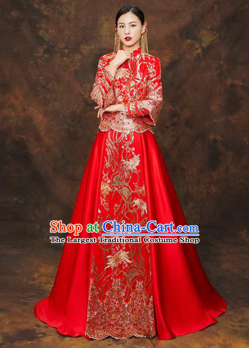 Chinese Traditional Wedding Costumes Ancient Bride Embroidered Xiuhe Suits for Women
