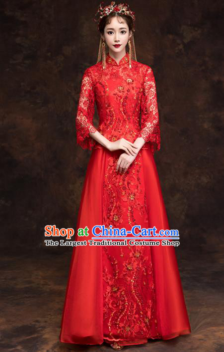 Chinese Traditional Wedding Red Costumes Ancient Bride Embroidered Lace Xiuhe Suits for Women