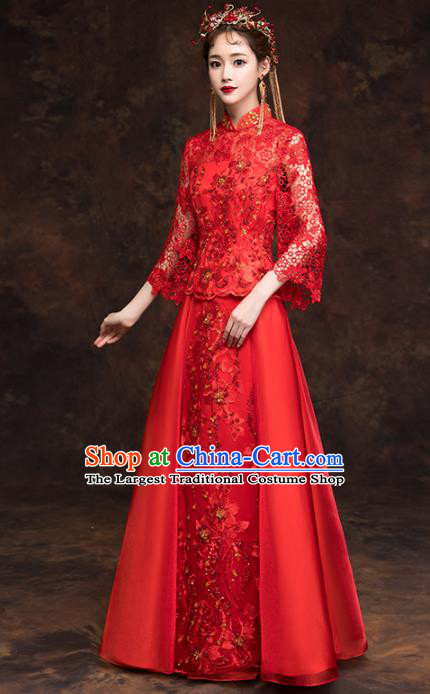Chinese Traditional Wedding Red Costumes Ancient Bride Embroidered Lace Xiuhe Suits for Women