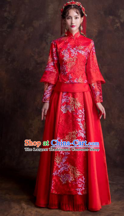 Chinese Traditional Wedding Costumes Ancient Bride Embroidered Dress Red Xiuhe Suits for Women