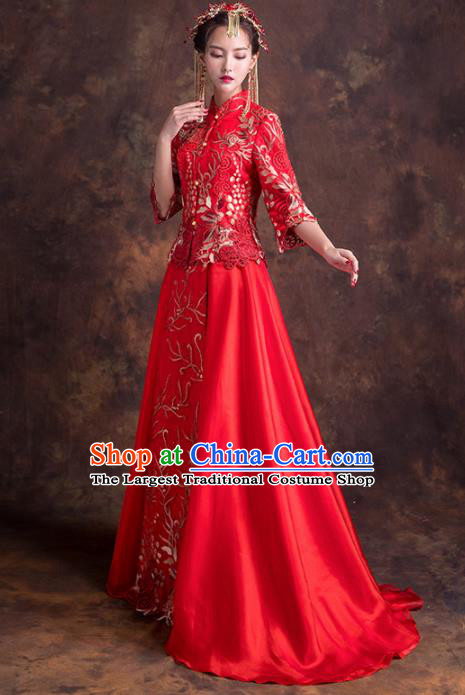 Chinese Traditional Wedding Dress Ancient Bride Embroidered Costumes Red Xiuhe Suits for Women