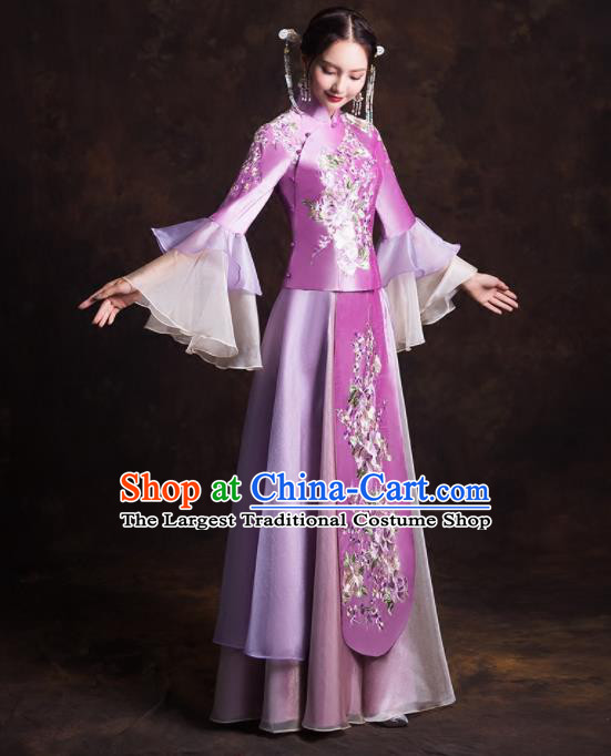 Chinese Traditional Purple Xiuhe Suits Ancient Bride Embroidered Wedding Dress for Women