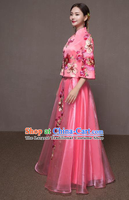 Chinese Traditional Embroidered Wedding Costumes Pink Xiuhe Suits Ancient Bride Dress for Women