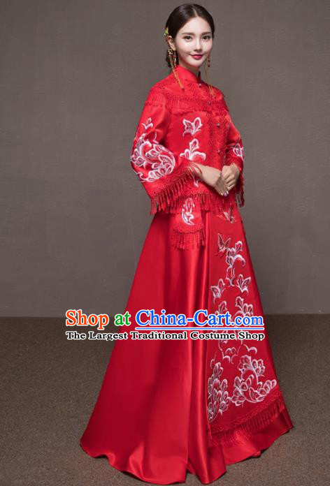 Chinese Traditional Embroidered Wedding Costumes Red Tassel Xiuhe Suits Ancient Bride Dress for Women