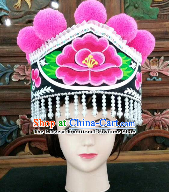 Chinese Traditional National Hat Ethnic Yi Nationality Embroidered Peony Black Hat for Women