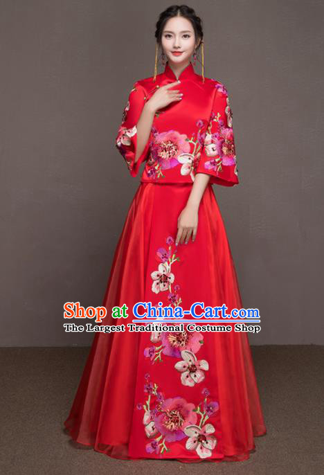 Chinese Traditional Embroidered Peach Blossom Wedding Costumes Ancient Bride Red Dress for Women