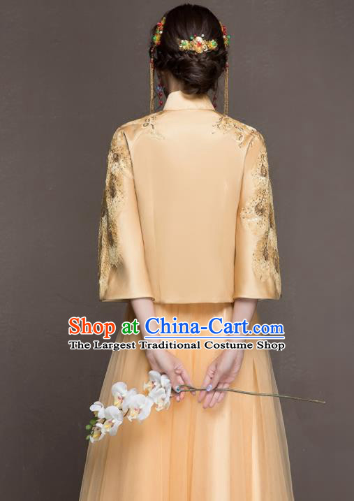 Chinese Traditional Wedding Costumes Ancient Bride Embroidered Peacock Yellow Dress for Women