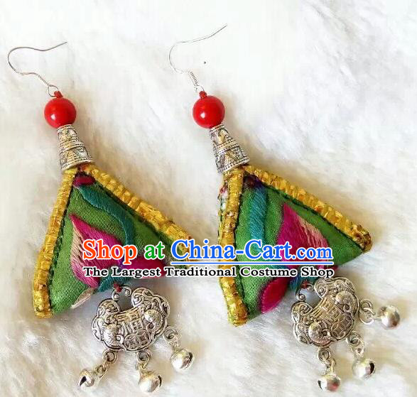 Chinese Traditional National Ear Accessories Ethnic Embroidered Green Earrings for Women