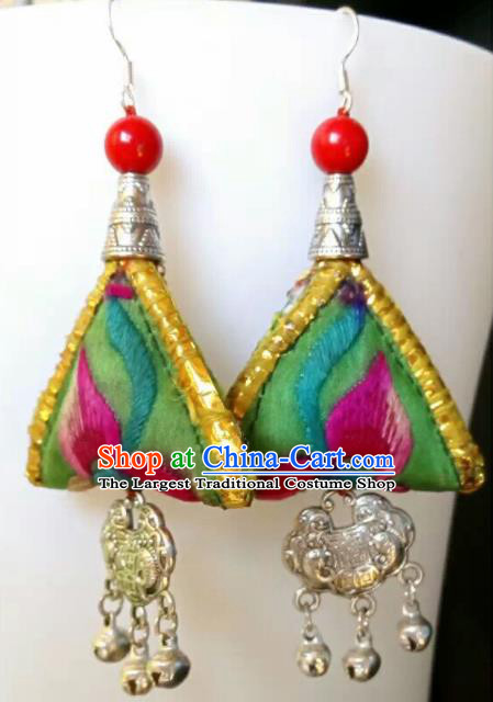Chinese Traditional National Ear Accessories Ethnic Embroidered Green Earrings for Women