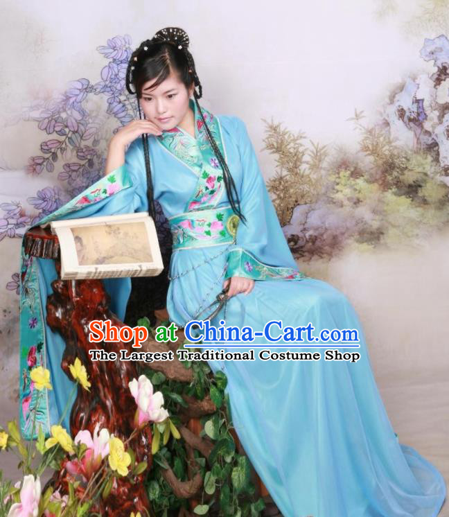 Chinese Ancient Peri Goddess Embroidered Costumes Tang Dynasty Palace Princess Blue Hanfu Dress for Women