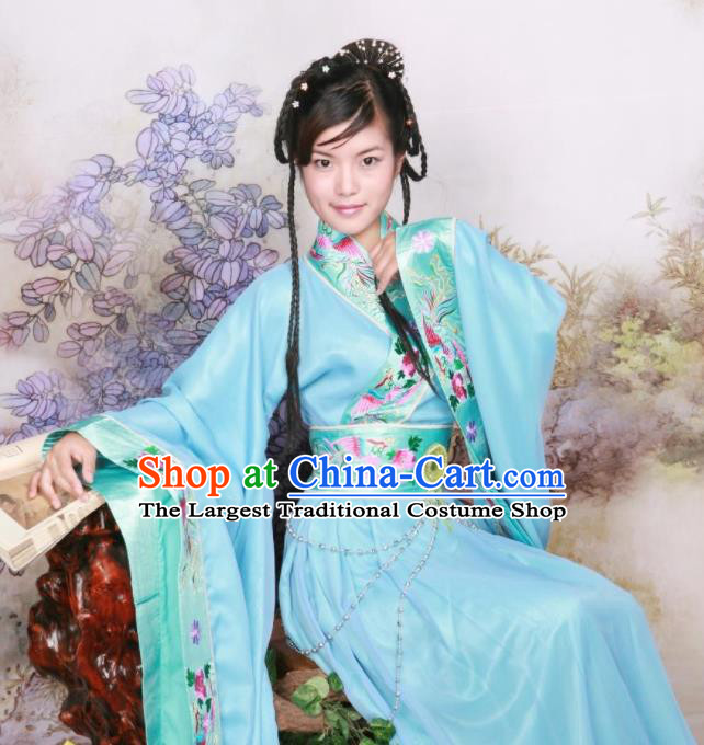 Chinese Ancient Peri Goddess Embroidered Costumes Tang Dynasty Palace Princess Blue Hanfu Dress for Women
