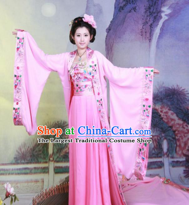 Chinese Ancient Imperial Consort Embroidered Costumes Tang Dynasty Imperial Concubine Pink Hanfu Dress for Women