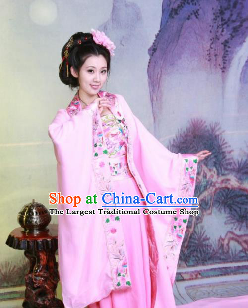 Chinese Ancient Imperial Consort Embroidered Costumes Tang Dynasty Imperial Concubine Pink Hanfu Dress for Women