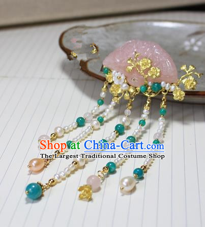Asian Chinese Traditional Hanfu Pearls Tassel Hair Clip Ancient Palace Pink Chalcedony Hairpins for Women