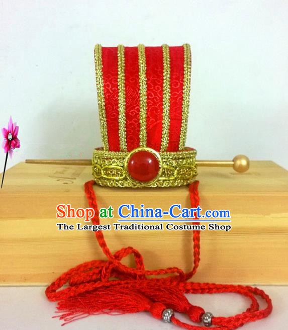 Chinese Traditional Hanfu Headdress Ancient Bridegroom Red Hairdo Crown for Men