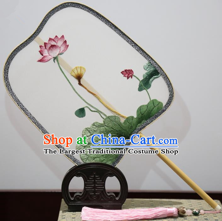 Traditional Chinese Crafts Palace Fans Embroidered Lotus Palm Leaf Fans Ancient Silk Fan for Women